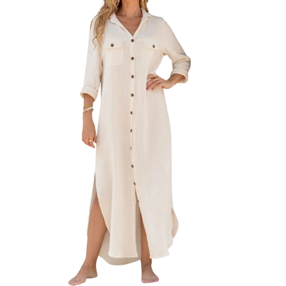 Nomad the Label Maxi Shirt Dress Sz 14 Cream Gauzy Coastal Boho Beach Minimalist